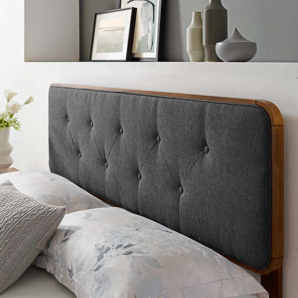 Collins Tufted Fabric and Wood Headboard in grey fabric with wood frame by Modway on Tampa Home & Garden Store