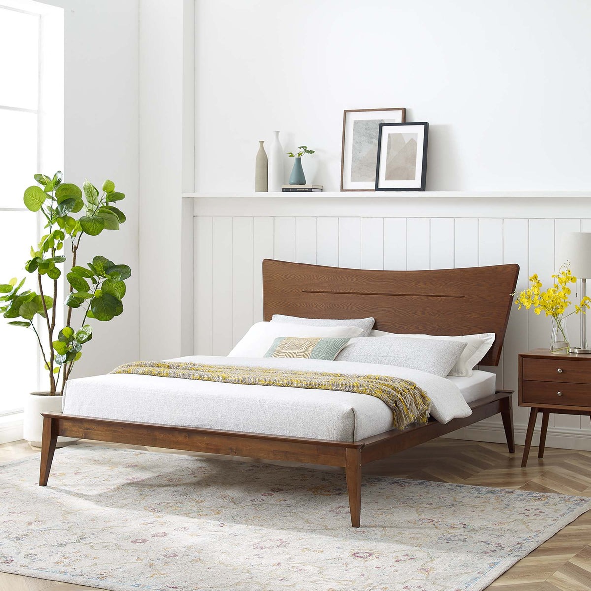 Astra Wood King Platform Bed by Modway, walnut-brown wood frame in a bright bedroom on Tampa Home & Garden Store
