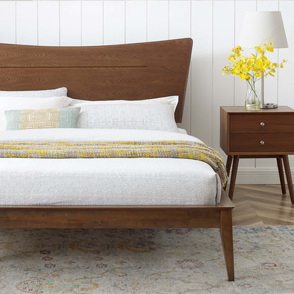 Astra Wood King Platform Bed by Modway, warm brown wood with curved headboard and white bedding on Tampa Home & Garden Store
