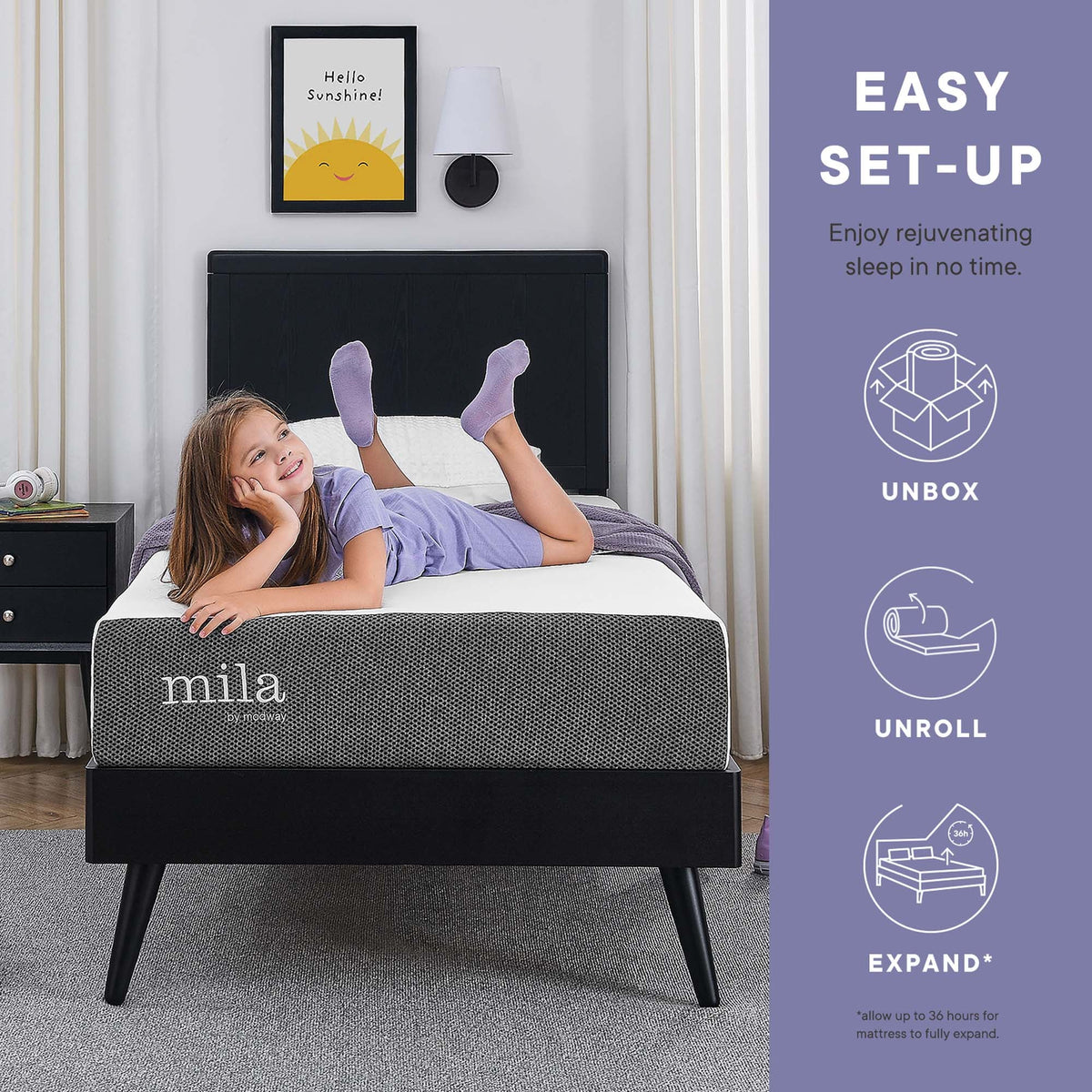 Mila 8in Twin Mattress by Modway on a black platform bed with a child on Tampa Home & Garden Store