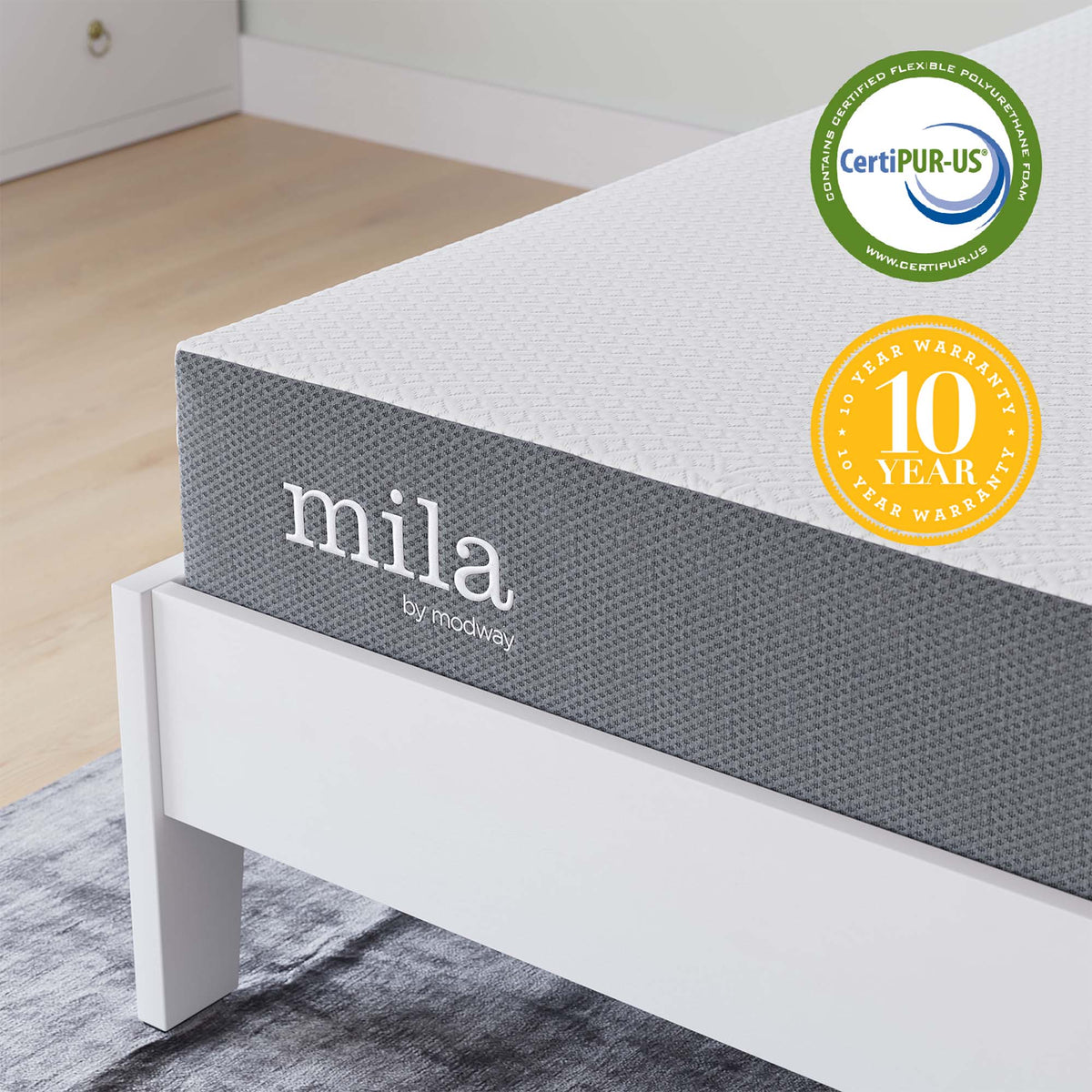 Twin Mila 8in Mattress by Modway with white textured top and gray sides CertiPUR-US logo on Tampa Home & Garden Store