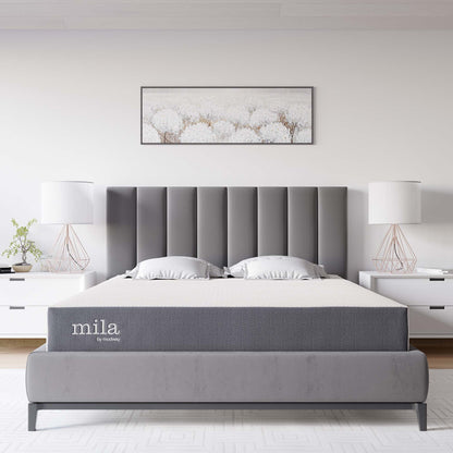 Mila 8-inch memory foam mattress by Modway on gray upholstered bed base in a modern bedroom on Tampa Home & Garden Store