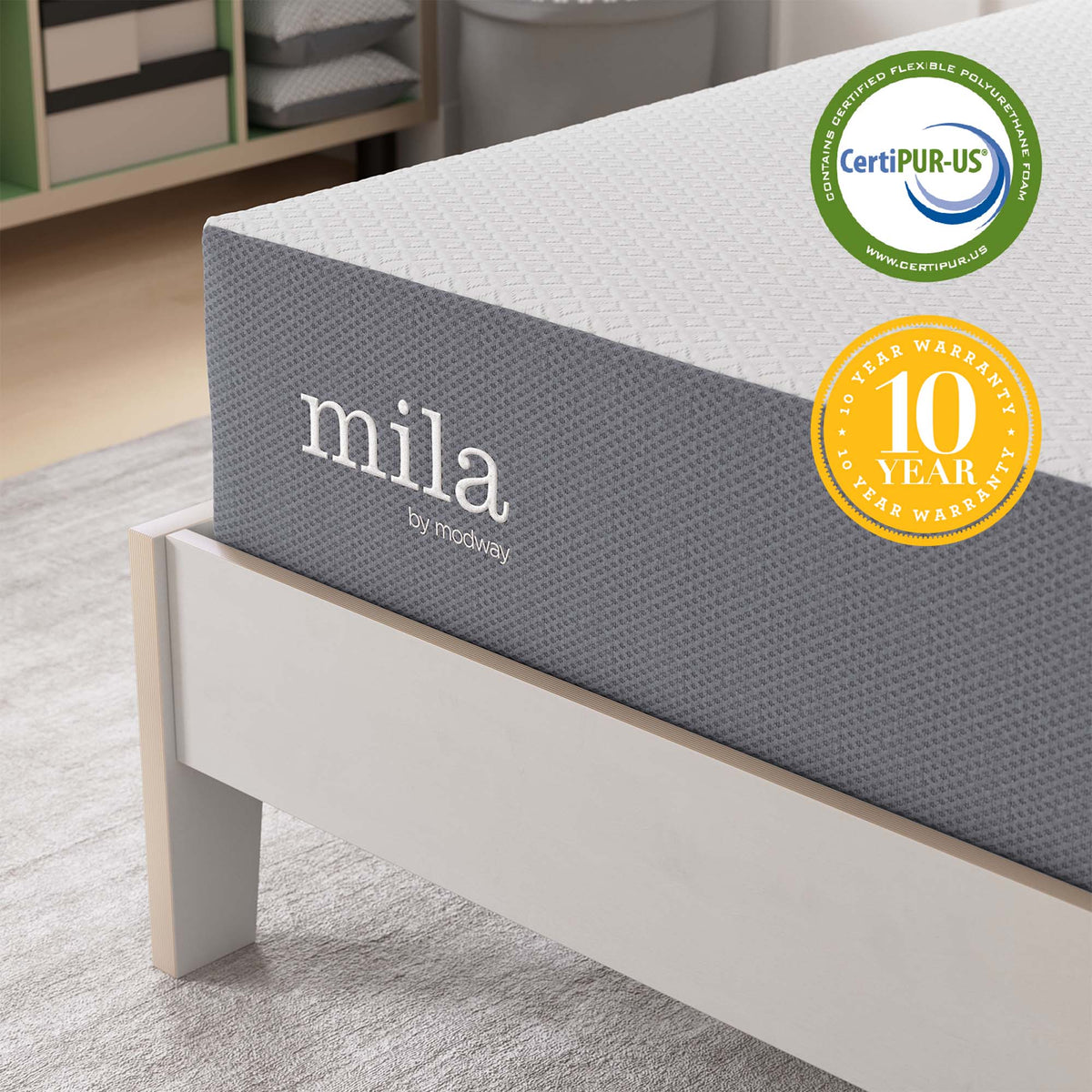 Twin Mila 10in Mattress by Modway in gray fabric, HouseOfZazla, CertiPUR-US seal on Tampa Home & Garden Store