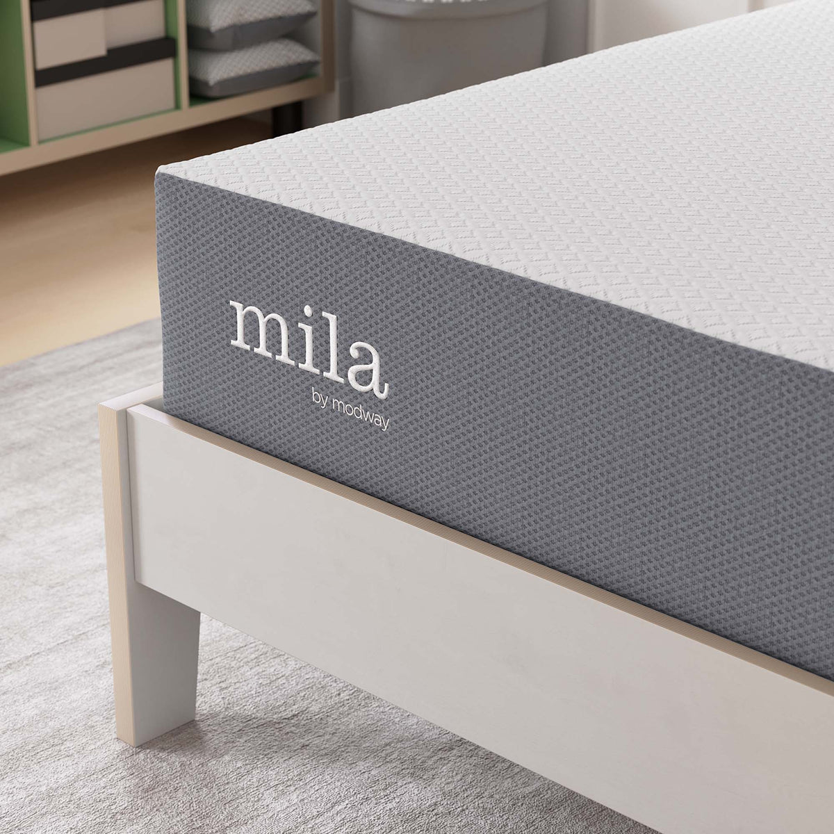 Mila by Modway twin 10in mattress wrapped in charcoal gray fabric on a white bed frame on Tampa Home & Garden Store