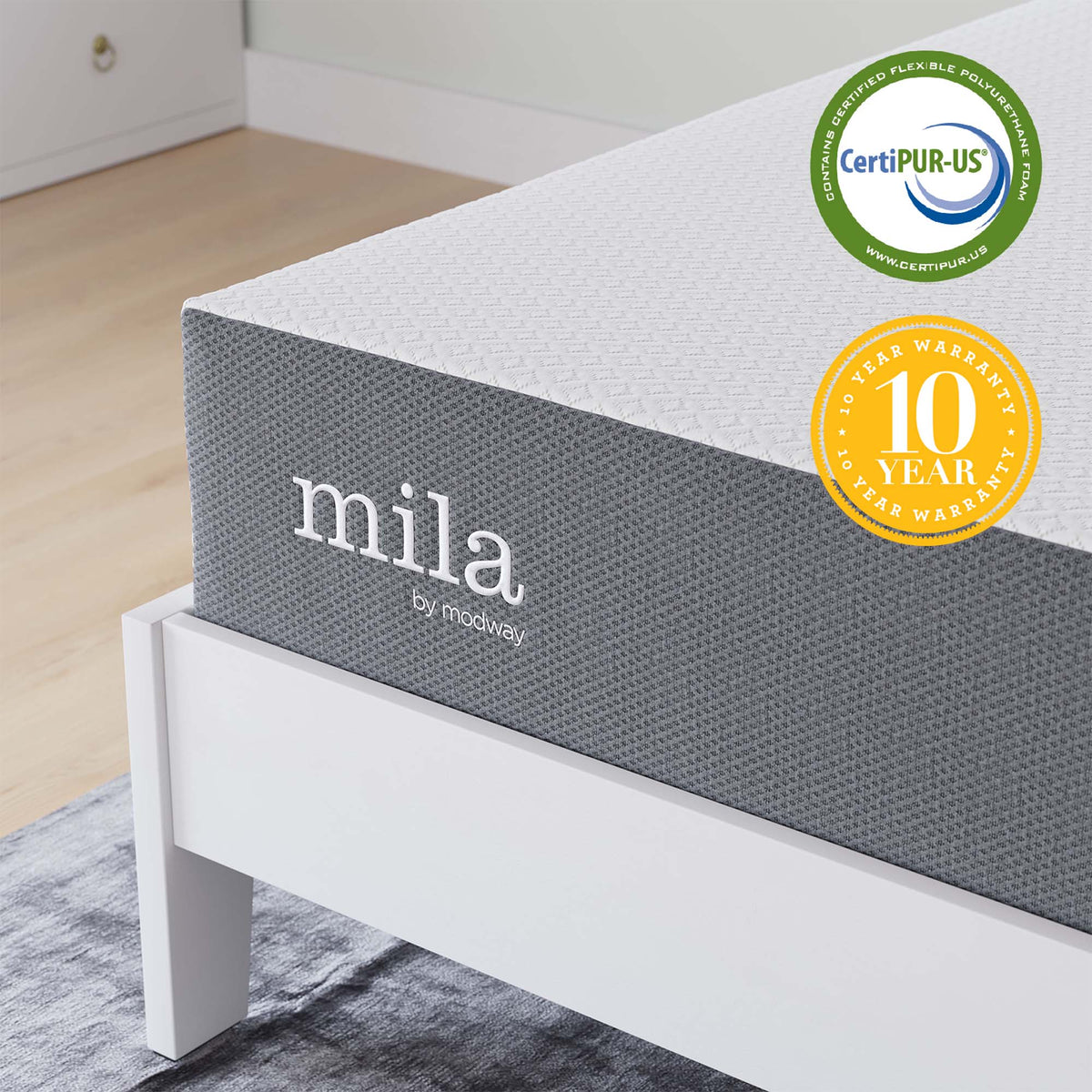 Mila 10-inch Twin mattress by Modway with gray textured cover on white bed frame on Tampa Home & Garden Store