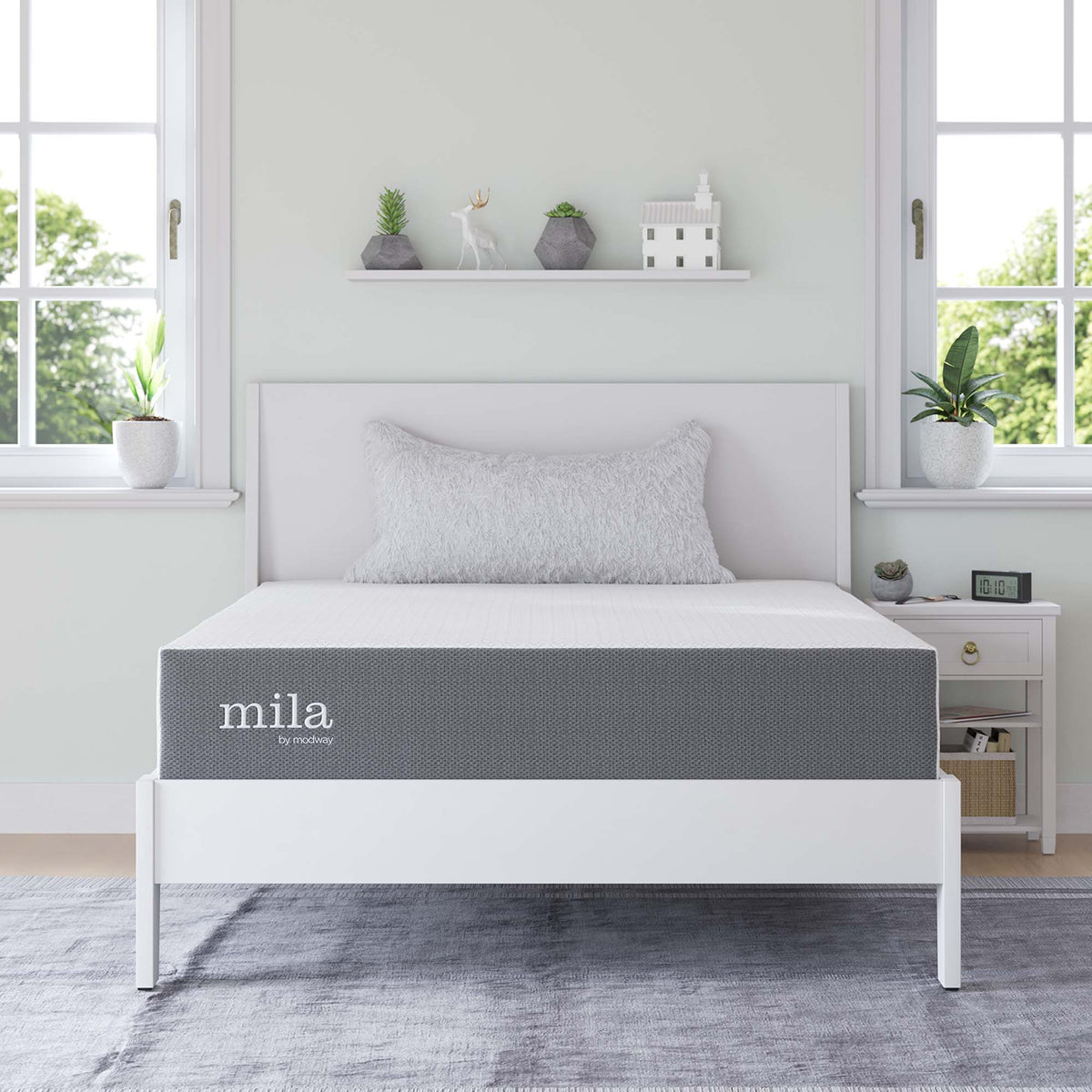 Mila 10in twin mattress by Modway with gray fabric sides on white bed frame on Tampa Home & Garden Store