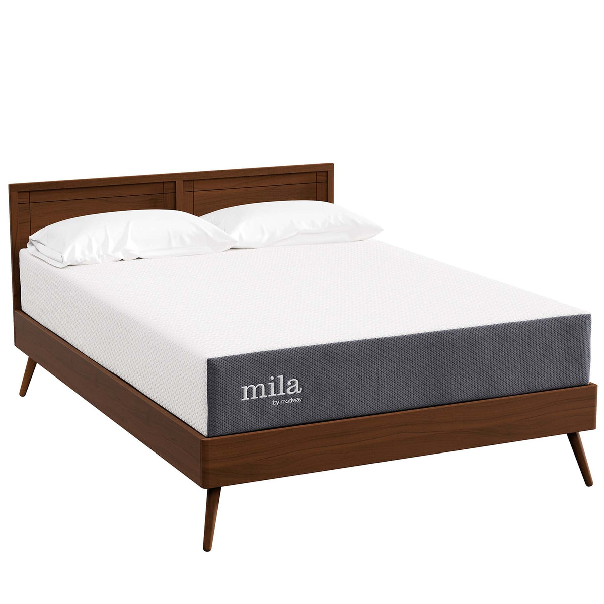 Mila 10 inch twin mattress by Modway with white quilted cover on brown wood bed frame on Tampa Home & Garden Store