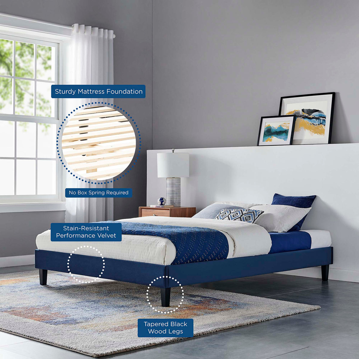 Reign Performance Velvet Platform Bed Frame by Modway, navy velvet, tapered black wood legs on Tampa Home & Garden Store