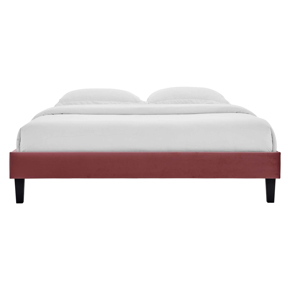 Roxanne tapered wood leg queen platform bed in red upholstered velvet with black legs on Tampa Home & Garden Store
