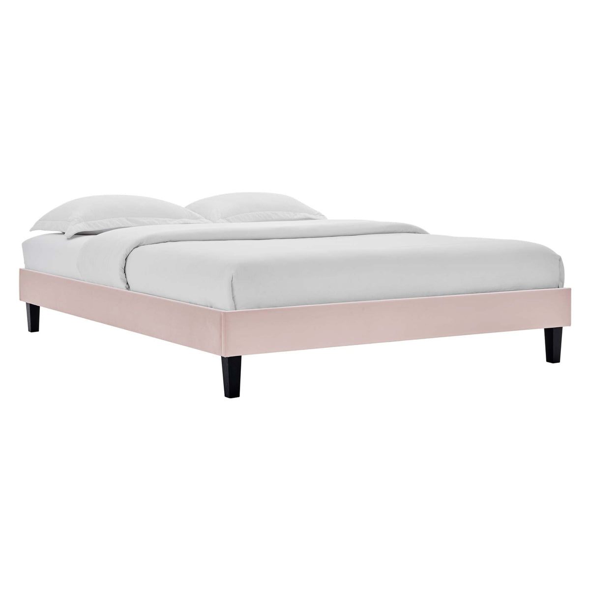 Reign Performance Velvet Platform Bed Frame by Modway with pink base and white bedding on Tampa Home & Garden Store