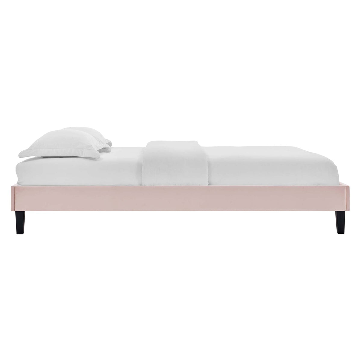 Reign Performance Velvet Platform Bed Frame in blush pink with black legs on Tampa Home & Garden Store