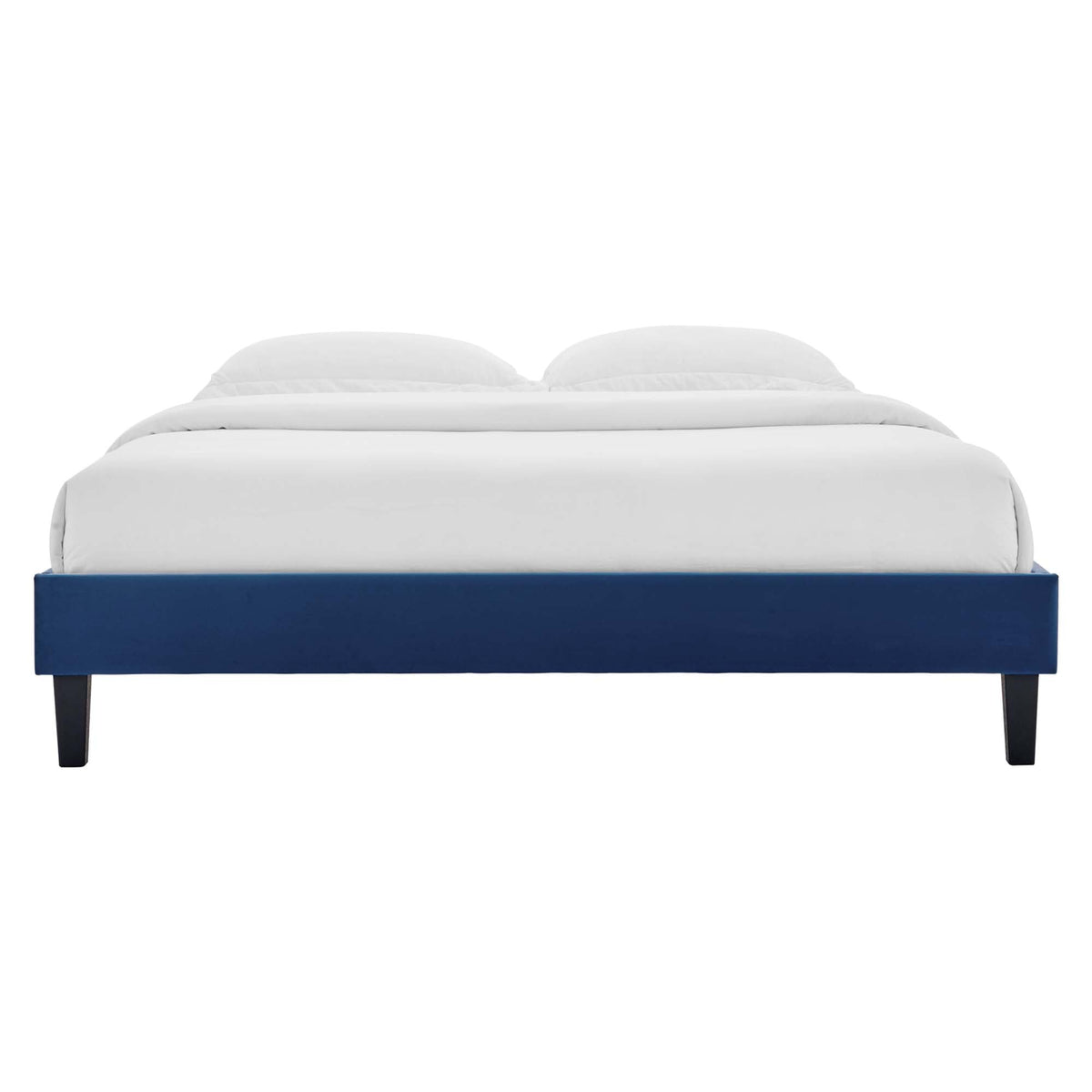 Reign Performance Velvet Platform Bed Frame navy blue with white bedding and black legs on Tampa Home & Garden Store