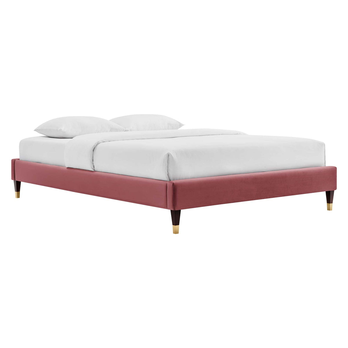 Harlow velvet platform bed frame by Modway in pink with white bedding, gold-tipped legs on Tampa Home & Garden Store