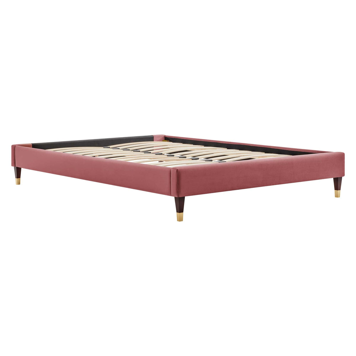 Harlow velvet platform bed frame in pink with light wood slats and dark tapered legs with gold tips on Tampa Home & Garden Store