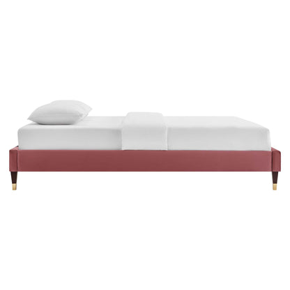 Harlow velvet platform bed frame with white bedding and two pillows on red base on Tampa Home & Garden Store