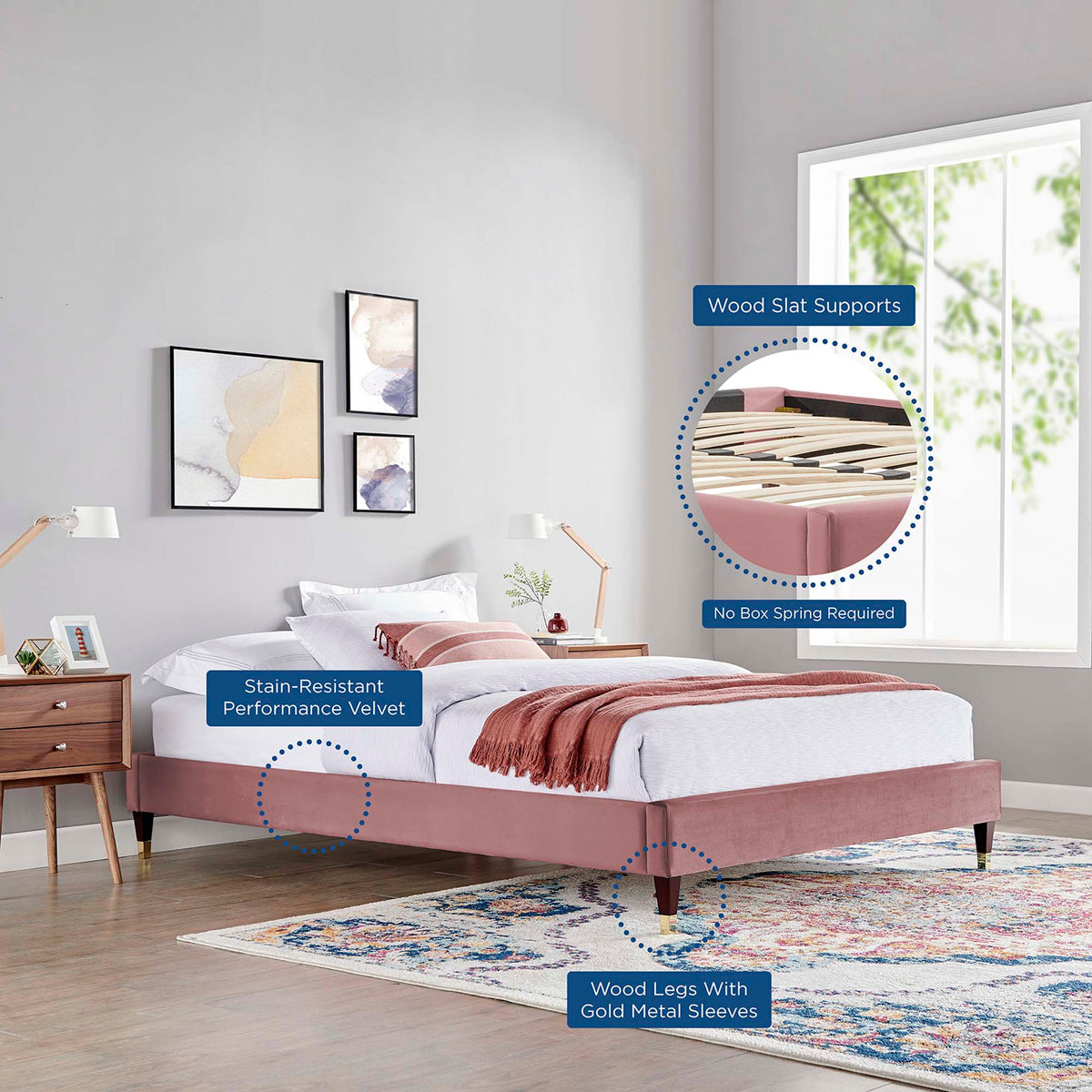 Harlow Performance Velvet Platform Bed Frame by Modway in pink velvet with wood legs on Tampa Home & Garden Store