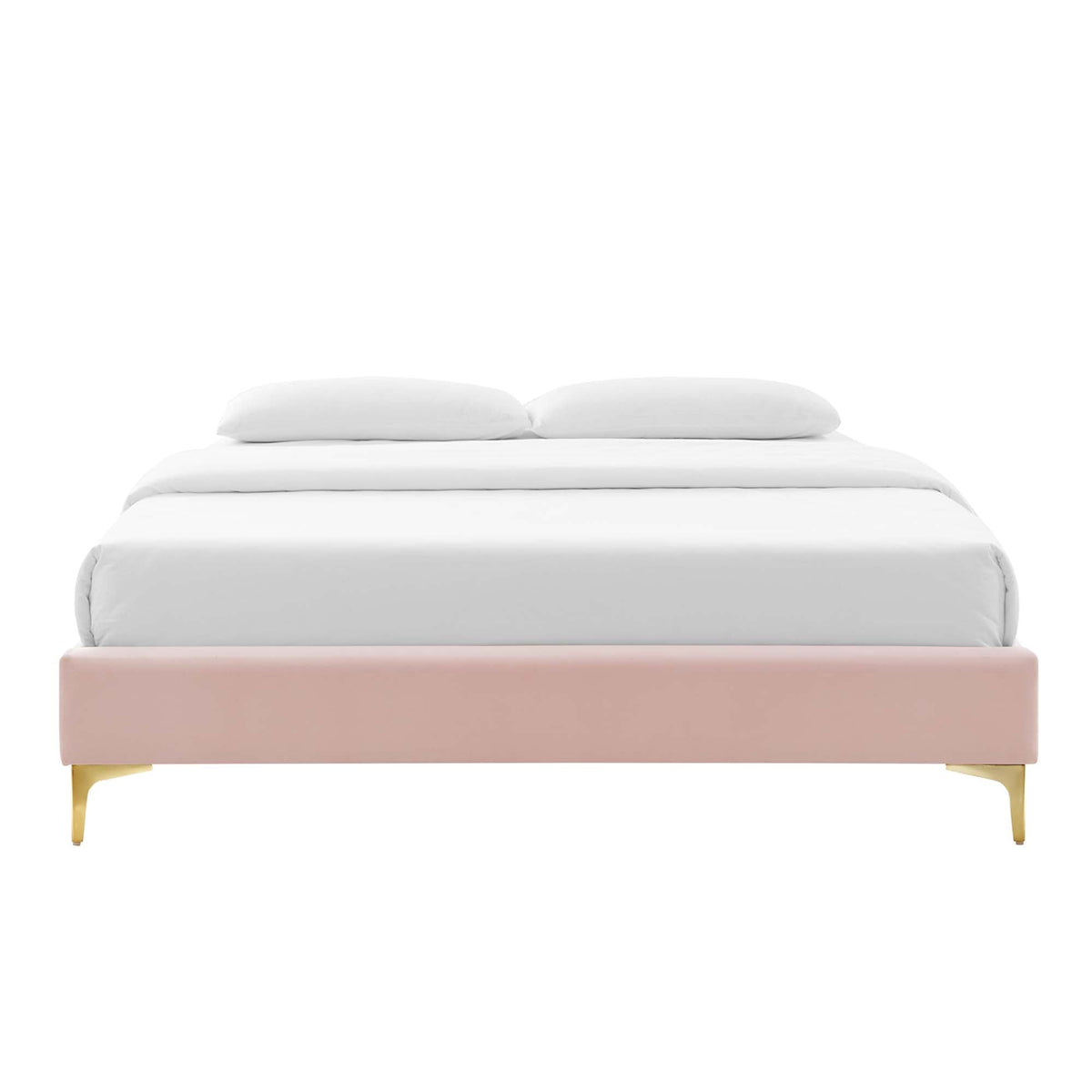 Gwyneth tufted velvet queen platform bed in blush pink with gold legs 2 white pillows on Tampa Home & Garden Store
