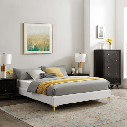 Sutton Performance Velvet Bed Frame by Modway in gray velvet with gold legs in a modern bedroom on Tampa Home & Garden Store
