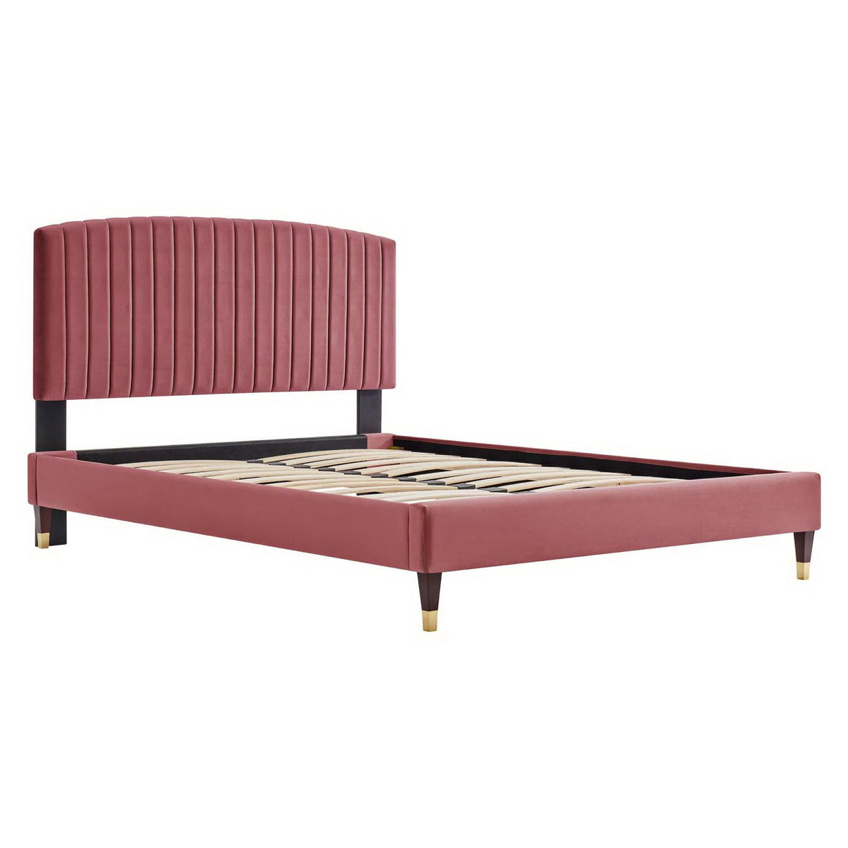 Alessi Performance Velvet Platform Bed in pink velvet with channel-tufted headboard on Tampa Home & Garden Store