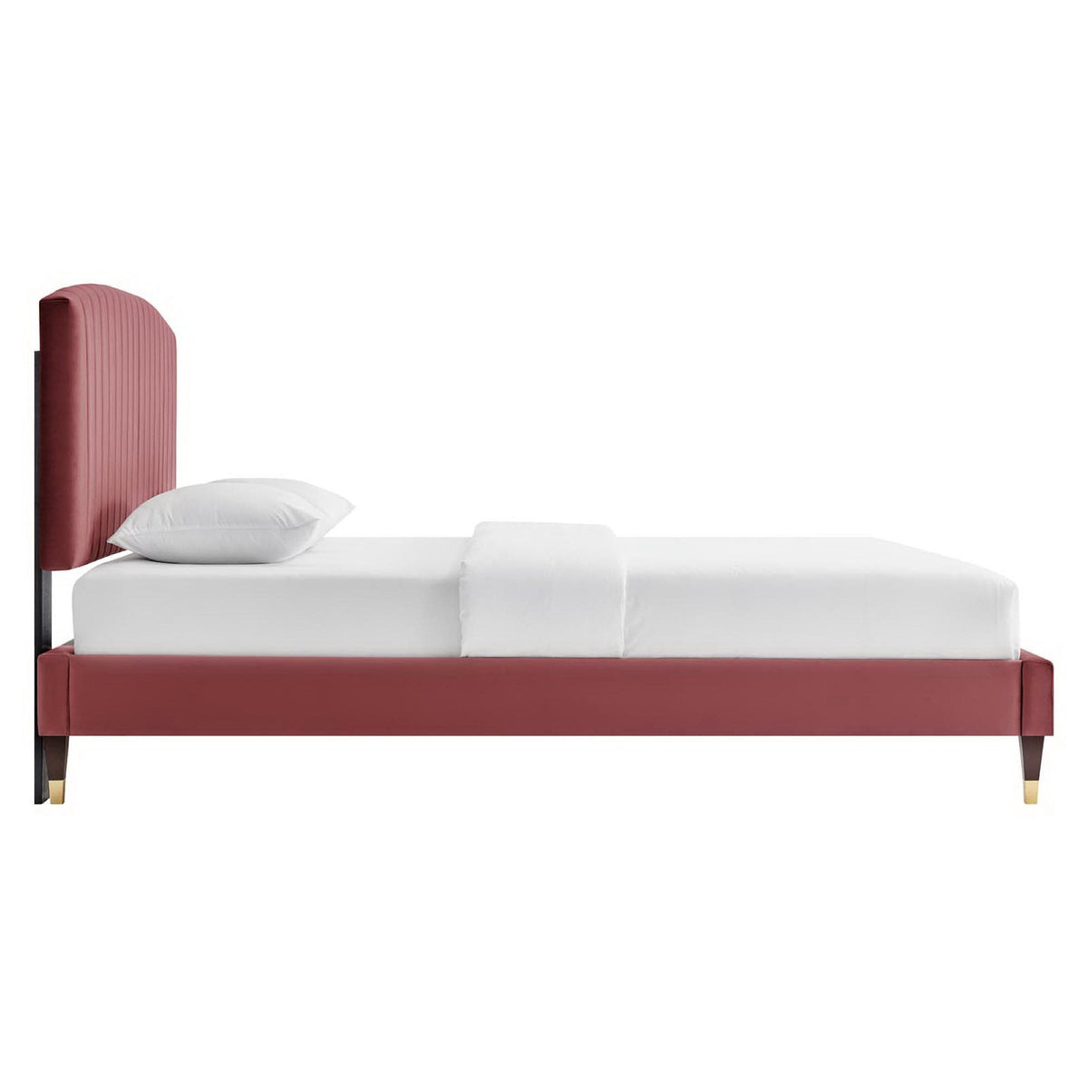 Alessi Velvet Platform Bed by Modway with red velvet headboard and frame, white bedding on Tampa Home & Garden Store