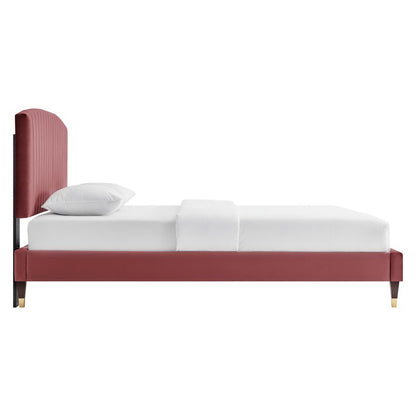 Alessi Velvet Platform Bed by Modway with red velvet headboard and frame, white bedding on Tampa Home & Garden Store