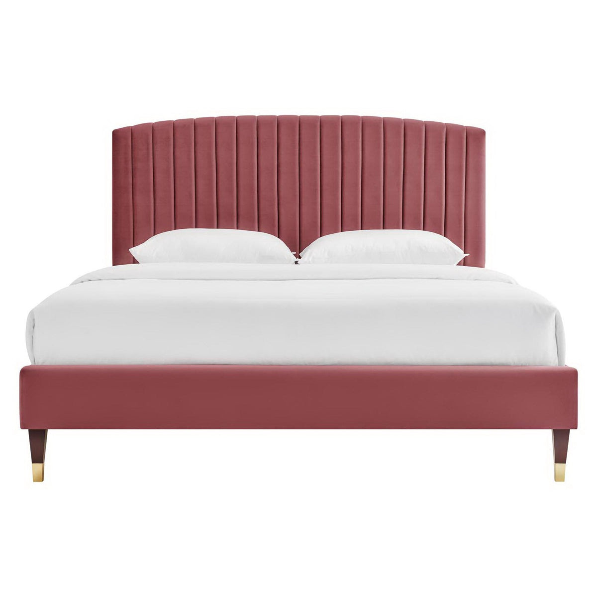 Alessi Performance Velvet Platform Bed pink velvet headboard with channel tufting white bedding on Tampa Home & Garden Store