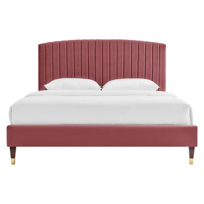 Alessi Performance Velvet Platform Bed pink velvet headboard with channel tufting white bedding on Tampa Home & Garden Store
