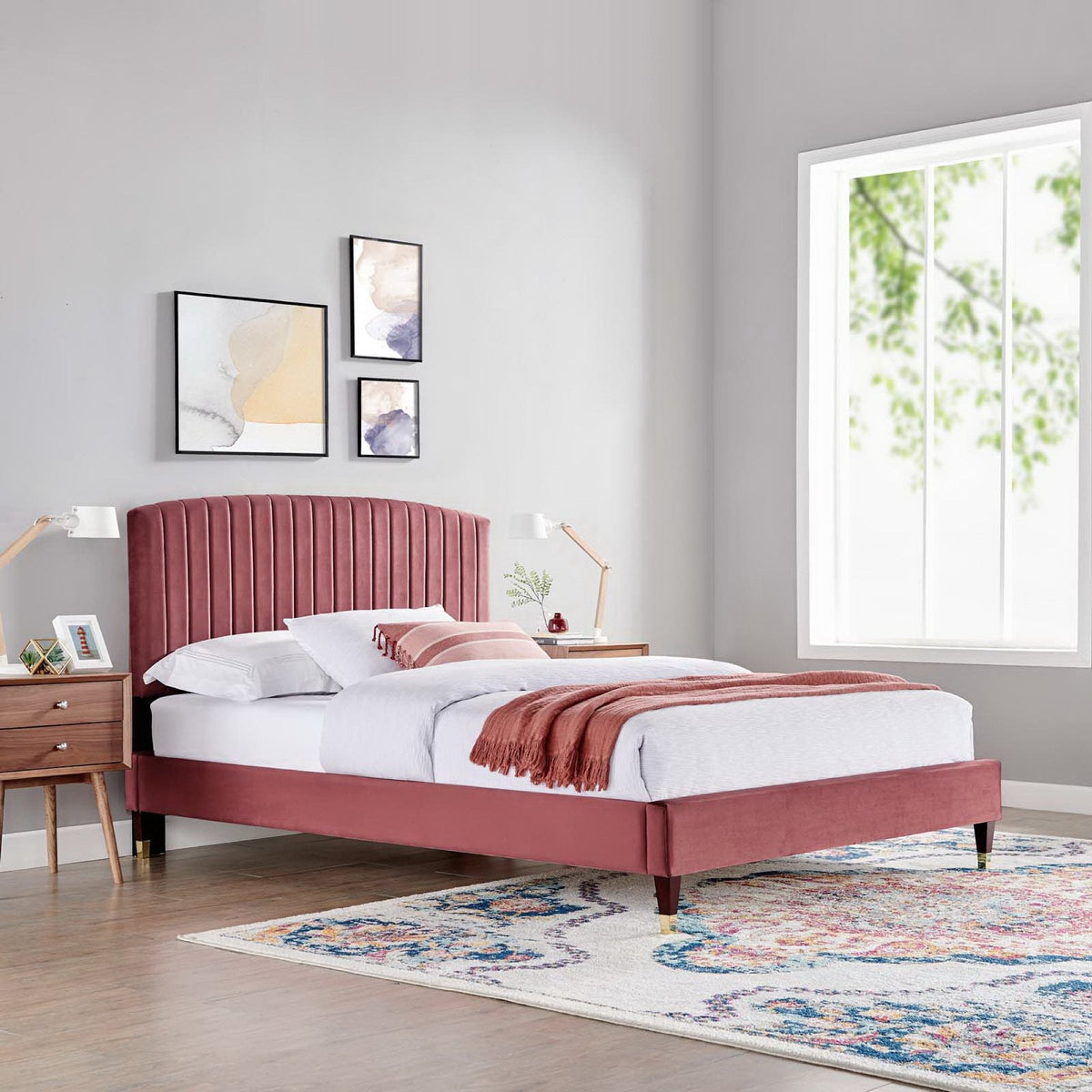 Alessi Performance Velvet platform bed burgundy with vertical channel tufting by Modway on Tampa Home & Garden Store