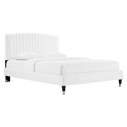 Bed: Alessi Performance Velvet Platform Bed by Modway, white velvet with tufting and black legs on Tampa Home & Garden Store