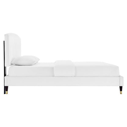 Alessi Platform Bed by Modway, white upholstery, ribbed headboard, black legs on Tampa Home & Garden Store