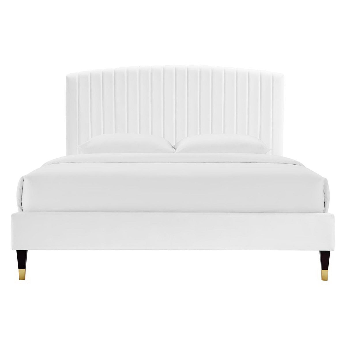 Alessi Performance Velvet Platform Bed white with vertical channel headboard and bed skirt on Tampa Home & Garden Store
