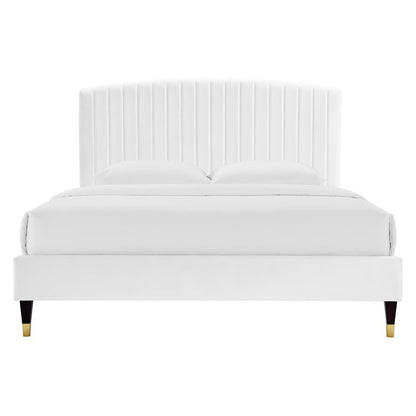 Alessi Performance Velvet Platform Bed white with vertical channel headboard and bed skirt on Tampa Home & Garden Store