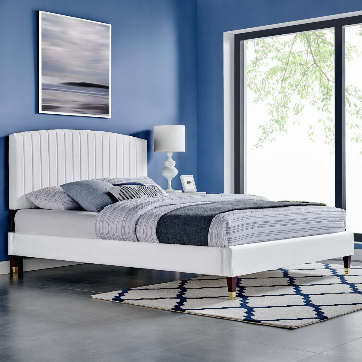 Alessi Performance Velvet Platform Bed by Modway, white tufted headboard in blue bedroom on Tampa Home & Garden Store