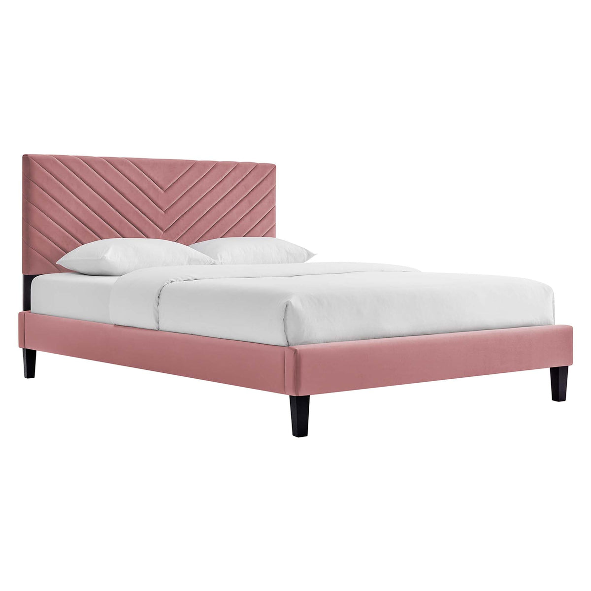 Roxanne velvet queen platform bed pink chevron tufted headboard with tapered wood legs on Tampa Home & Garden Store