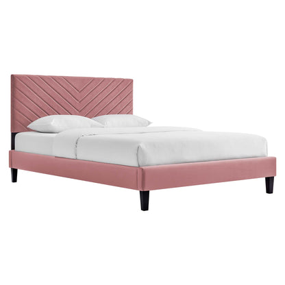 Roxanne velvet queen platform bed pink chevron tufted headboard with tapered wood legs on Tampa Home & Garden Store