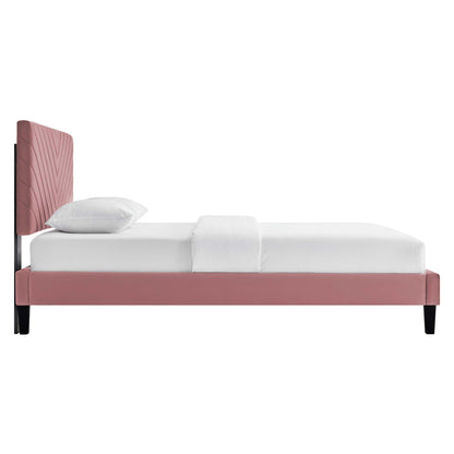 Roxanne tapered wood leg performance velvet queen platform bed pink velvet with black legs on Tampa Home & Garden Store