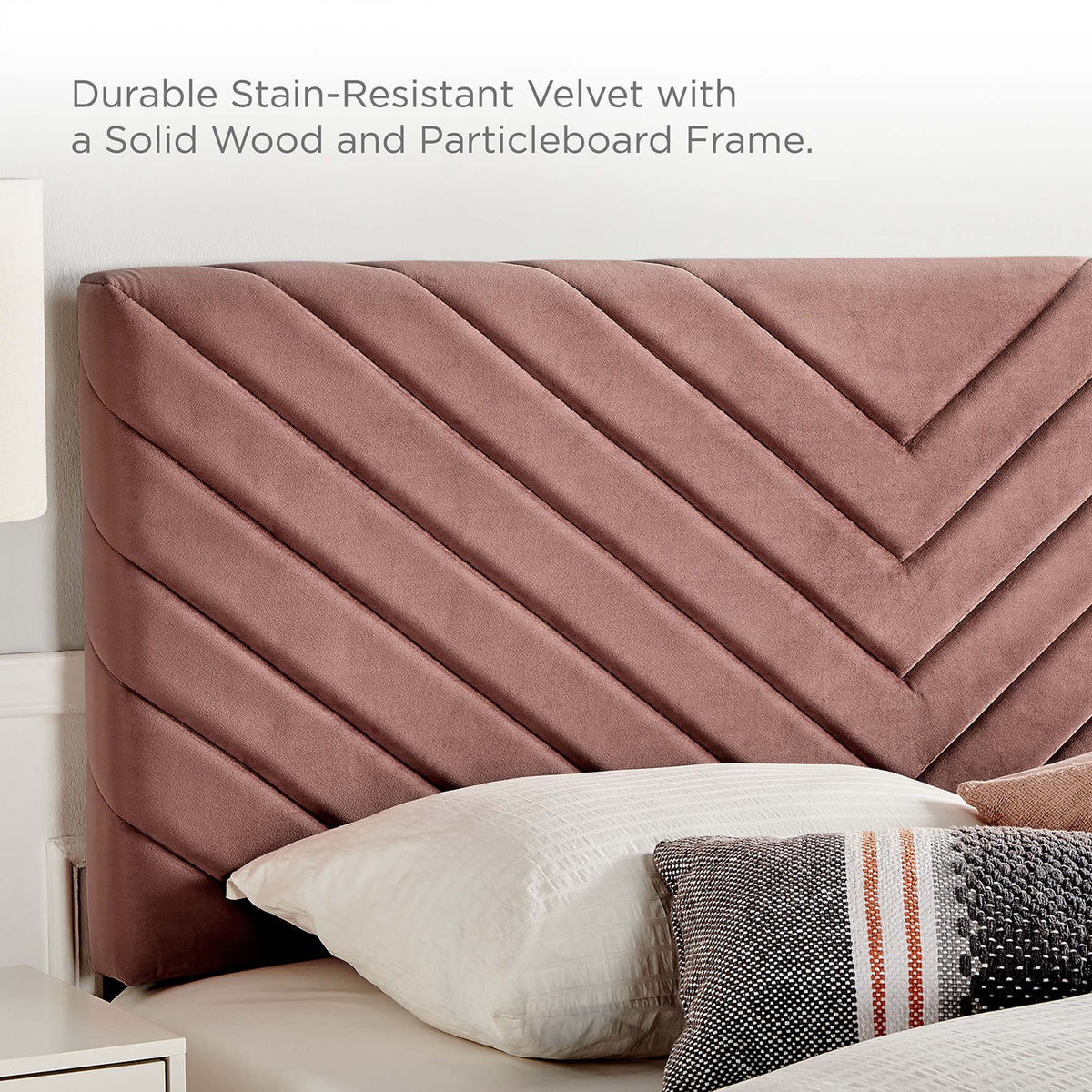 Roxanne queen platform bed in blush velvet with diagonal quilted panels and wood legs on Tampa Home & Garden Store