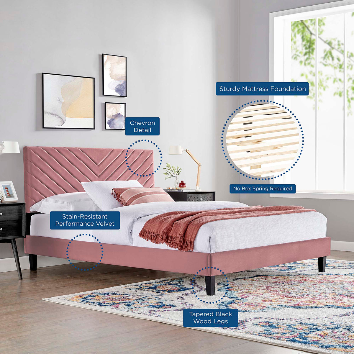 Roxanne Tapered Wood Leg Performance Velvet Queen Platform Bed with pink velvet by Modway on Tampa Home & Garden Store