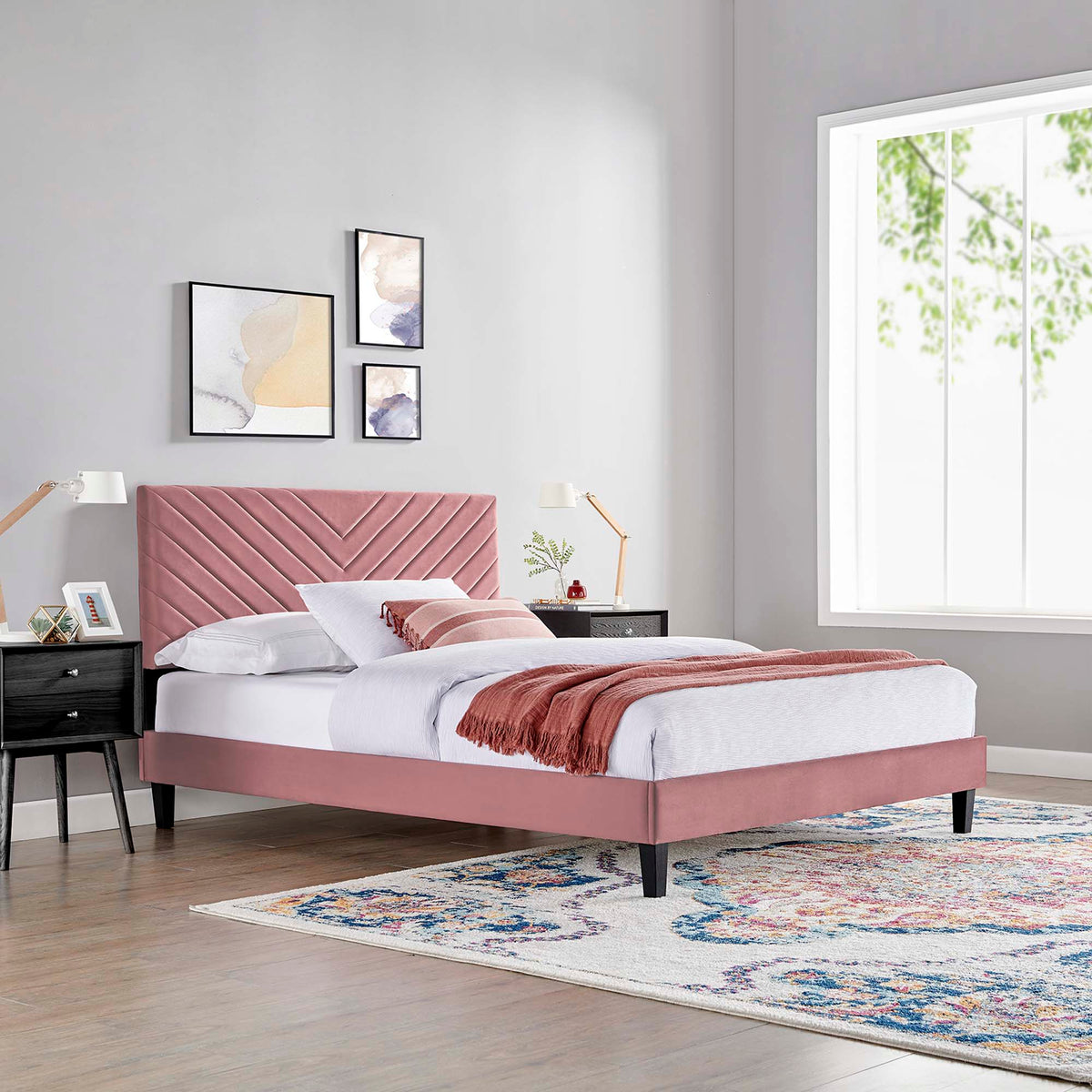 Roxanne pink velvet queen platform bed with tapered wood legs and diagonal tufted headboard on Tampa Home & Garden Store