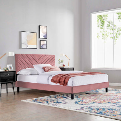 Roxanne pink velvet queen platform bed with tapered wood legs and diagonal tufted headboard on Tampa Home & Garden Store