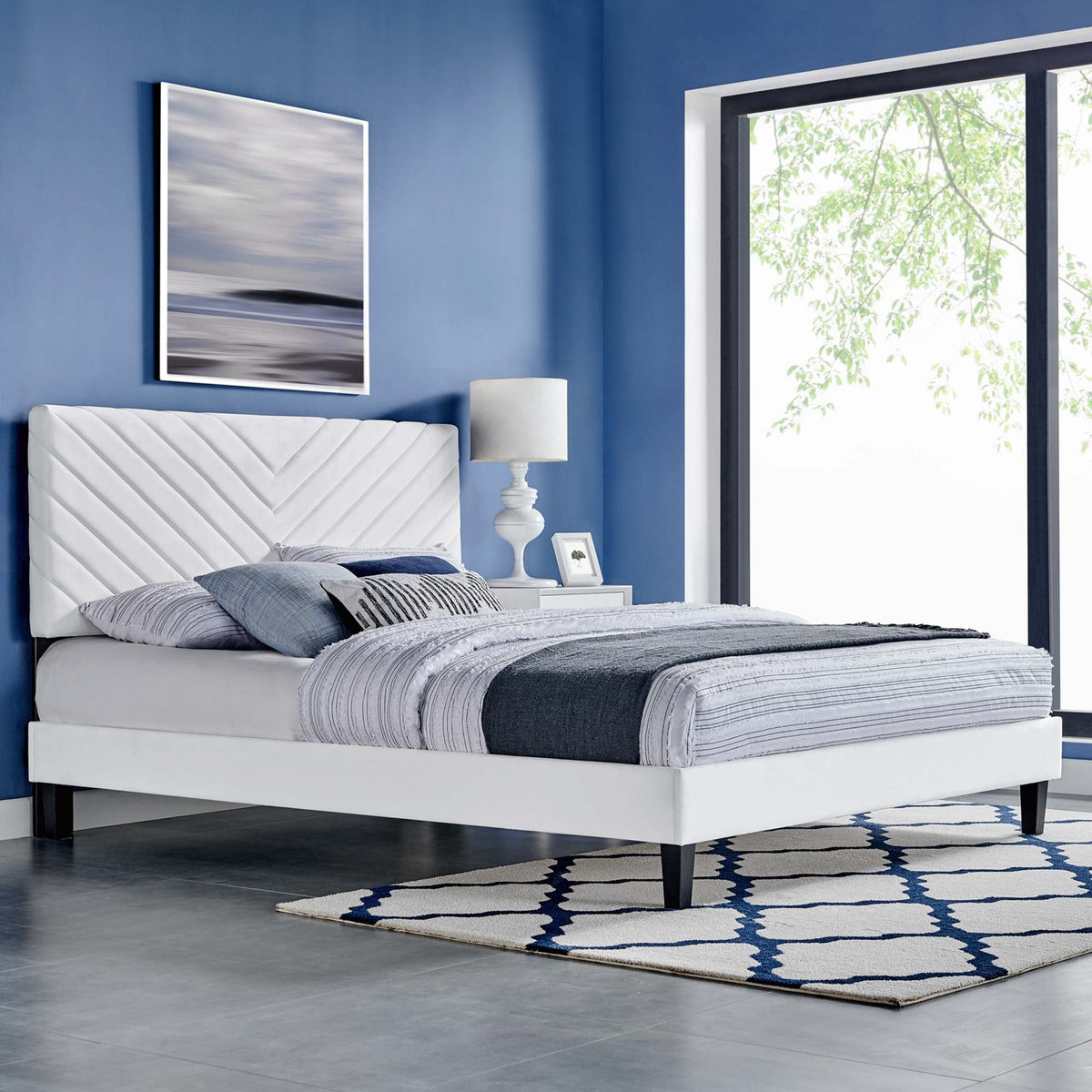Roxanne tapered wood-leg performance velvet queen platform bed by Modway in white velvet on Tampa Home & Garden Store