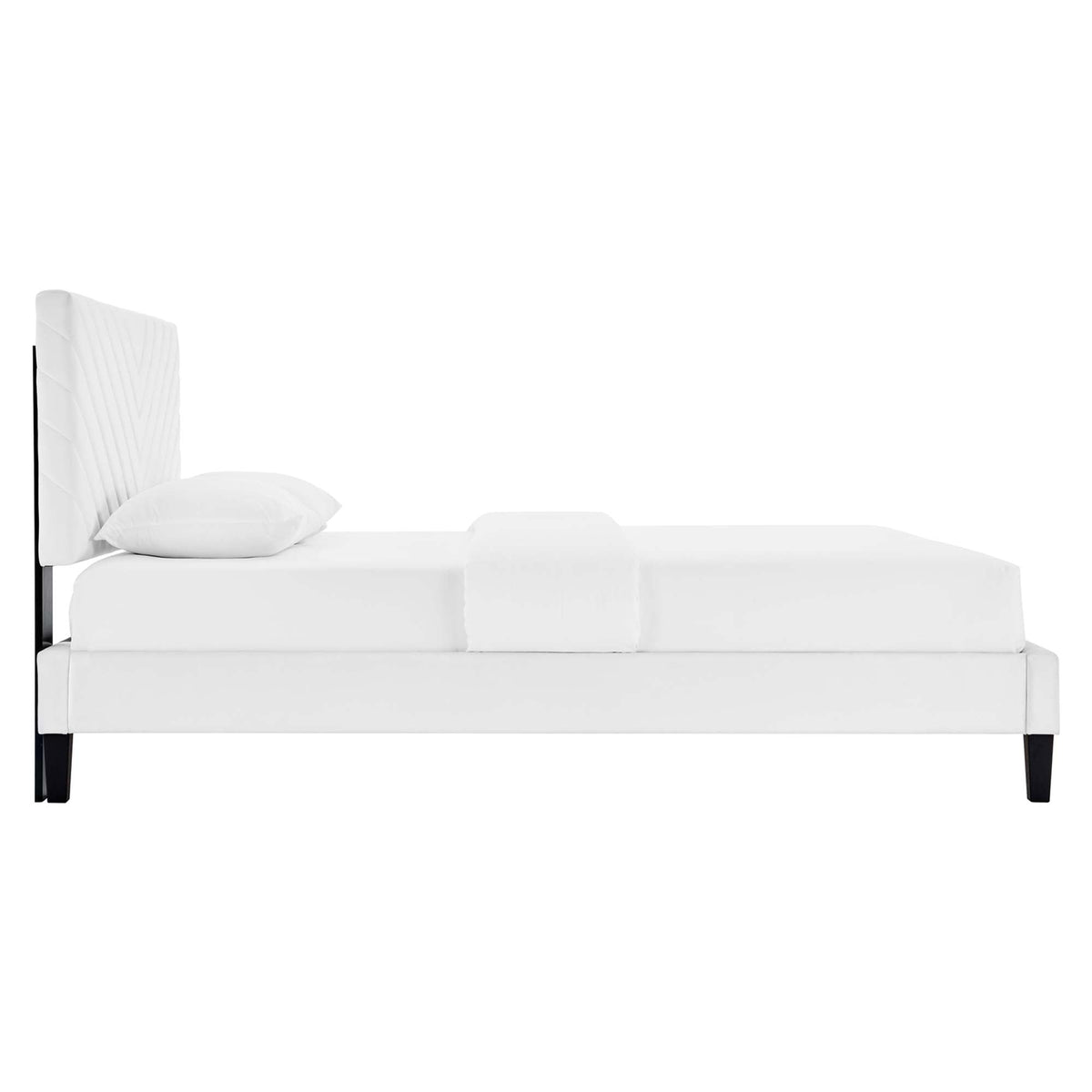 Roxanne tapered wood-leg velvet queen bed, white performance velvet, black wood legs on Tampa Home & Garden Store