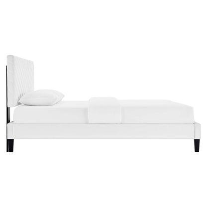 Roxanne tapered wood-leg velvet queen bed, white performance velvet, black wood legs on Tampa Home & Garden Store