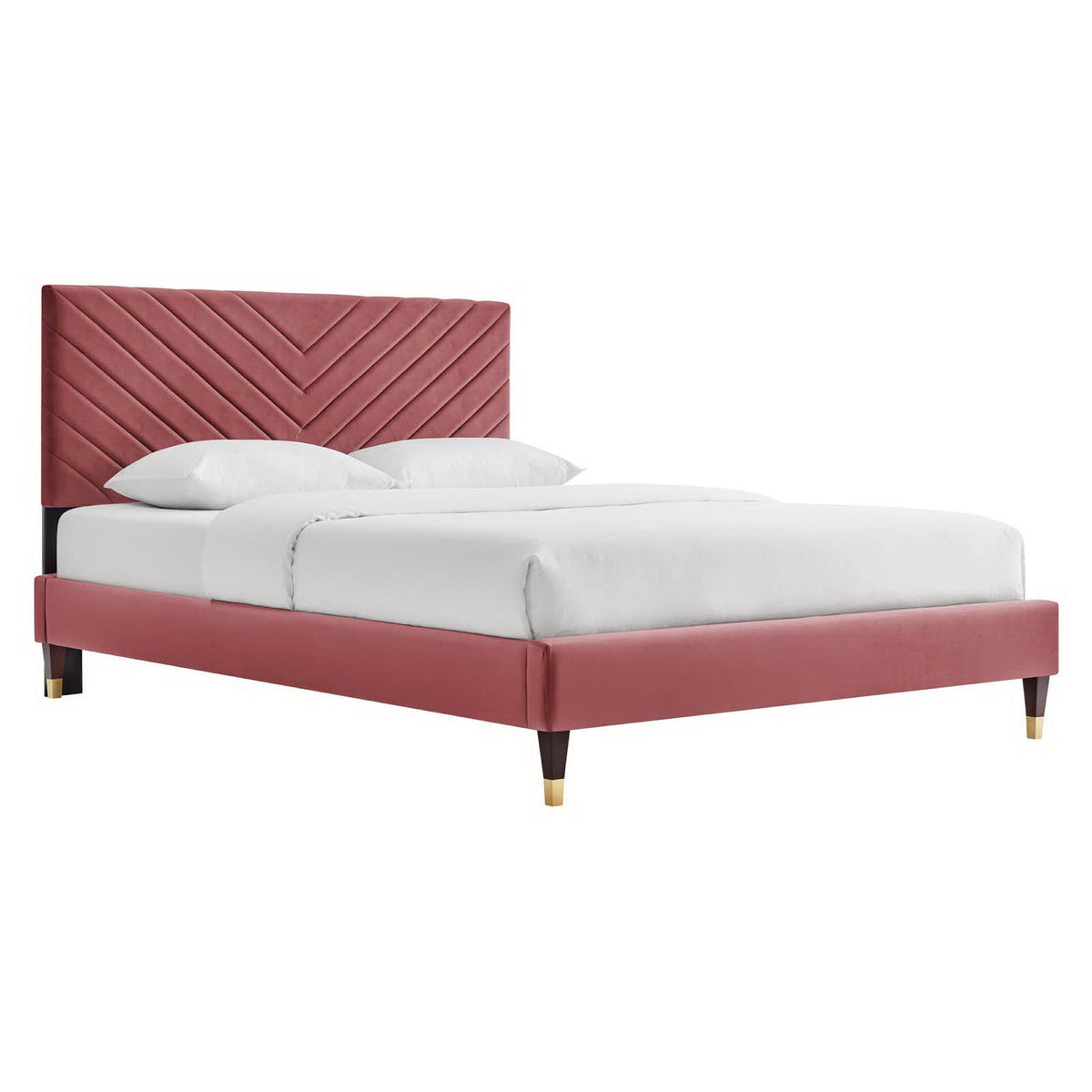 Roxanne velvet platform bed in rose pink with chevron headboard and matching bed skirt on Tampa Home & Garden Store