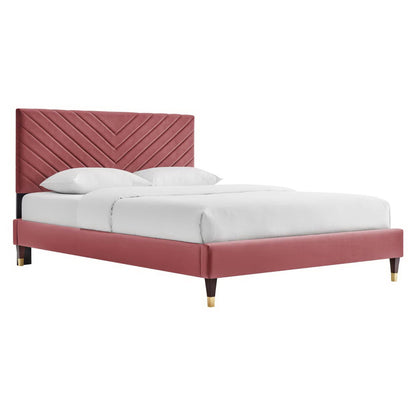 Roxanne velvet platform bed in rose pink with chevron headboard and matching bed skirt on Tampa Home & Garden Store