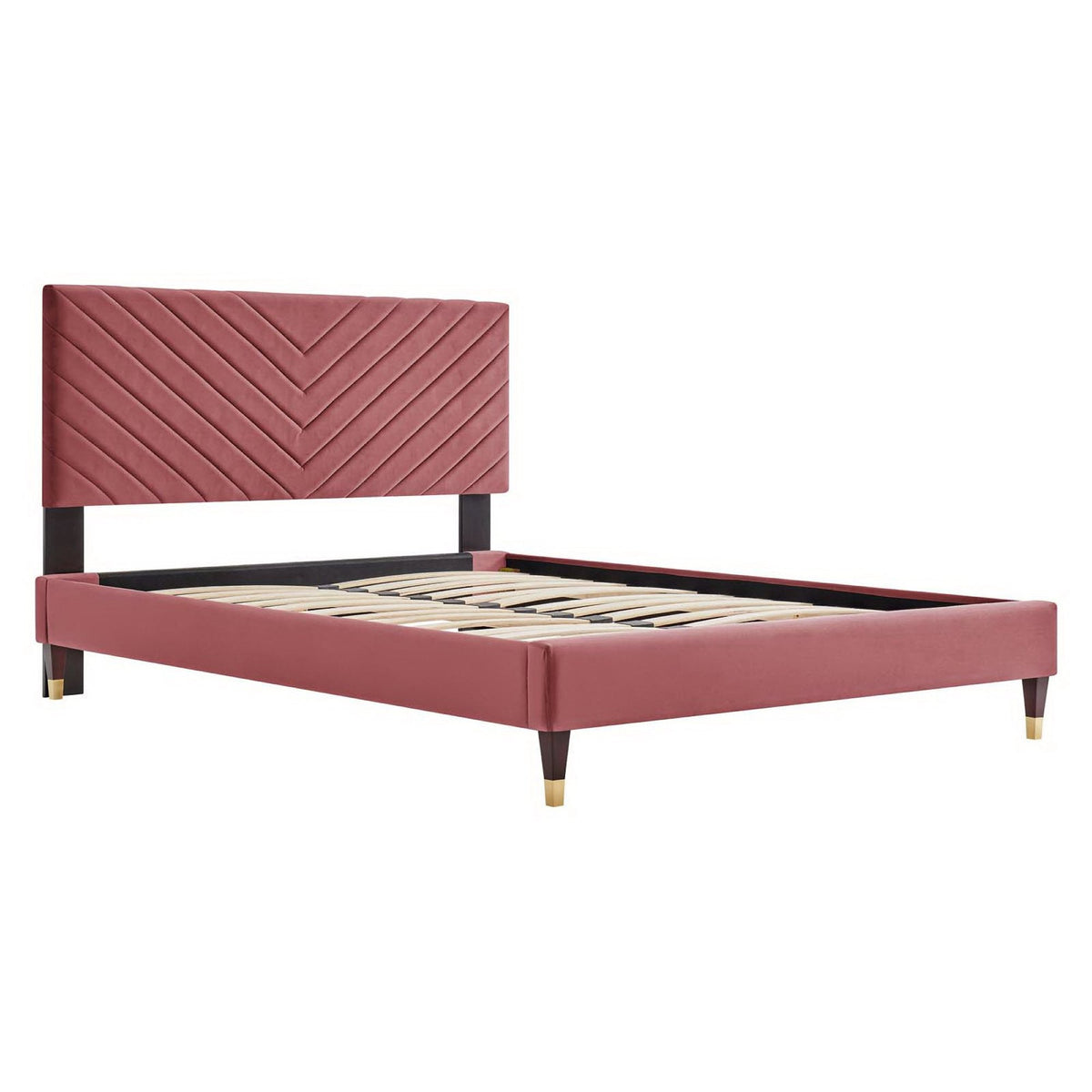 Roxanne Platform Bed by Modway in burgundy velvet with chevron-stitched headboard and black legs on Tampa Home & Garden Store
