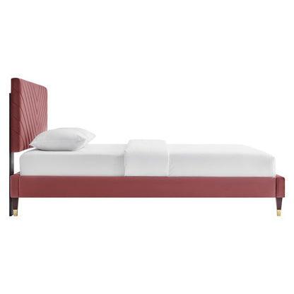 Roxanne Performance Velvet Platform Bed red headboard, white mattress, black legs on Tampa Home & Garden Store