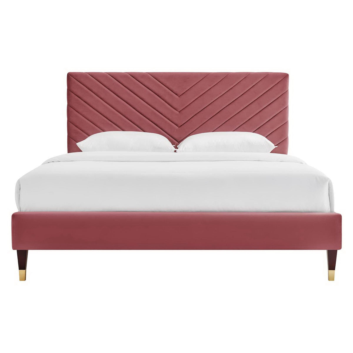 Roxanne Performance Velvet Platform Bed, red chevron headboard, white bedding, dark wood legs on Tampa Home & Garden Store