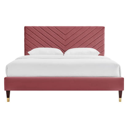 Roxanne Performance Velvet Platform Bed, red chevron headboard, white bedding, dark wood legs on Tampa Home & Garden Store