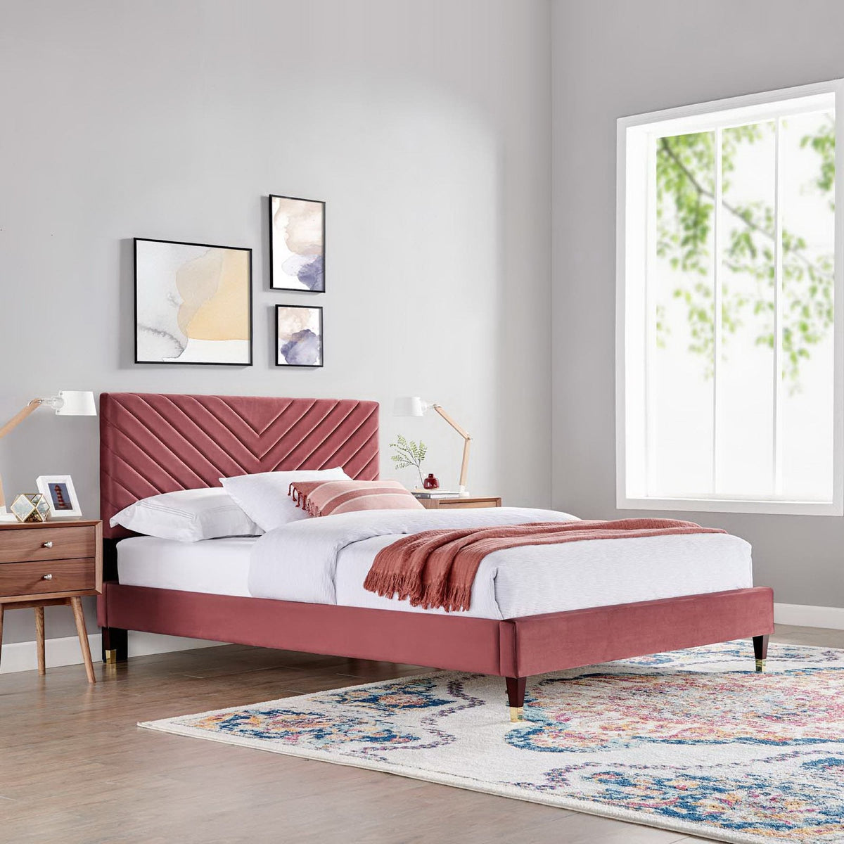 Roxanne Performance Velvet Platform Bed with pink velvet diagonal-tufted headboard and matching base on Tampa Home & Garden Store